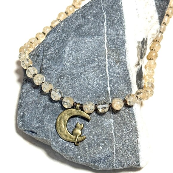 Golden Rutilated Quartz Short Necklace, Gemstone & Bronze Cat on the Moon Charm - Picture 4 of 12